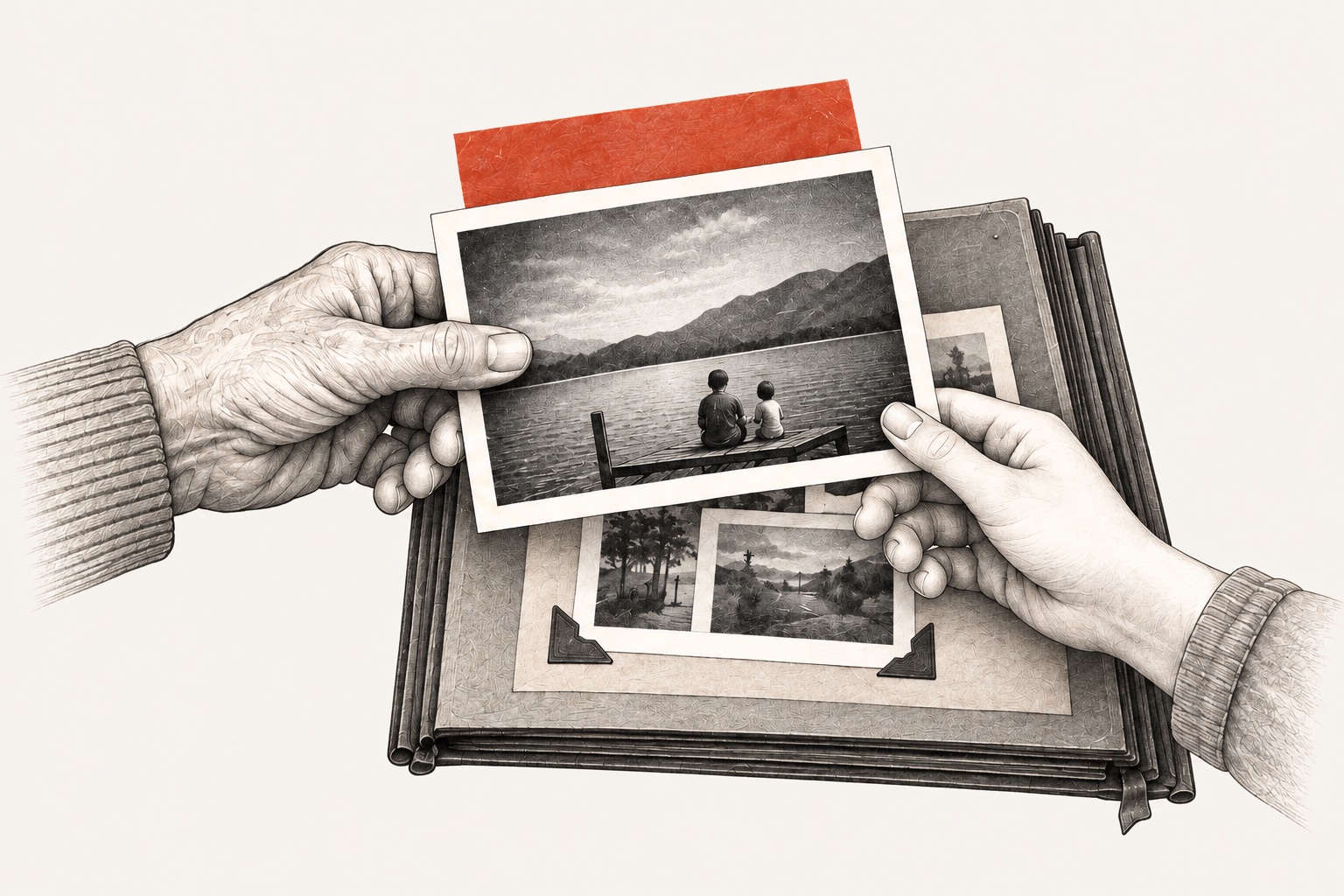 An illustrated family photograph being passed between generations above an archive album